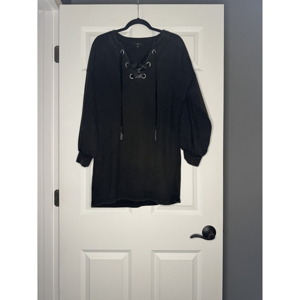 Very J Sweatshirt Mini Dress Satin Ribbon Lace Up V Neck Medium Charcoal Nwt